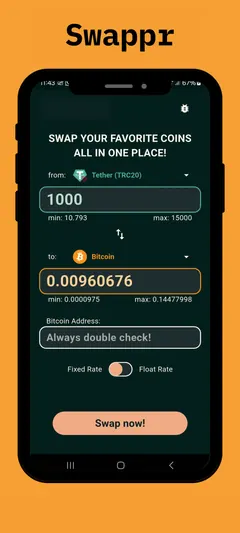 Swappr screenshot: Swap USDT to Bitcoin and see the estimated amount